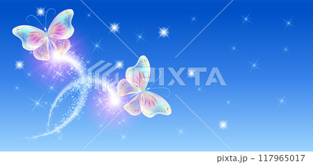 Flying delightful butterfly with sparkle and blazing trail flying in night sky among shiny glowing stars in cosmic space. Animal protection day concept. 117965017