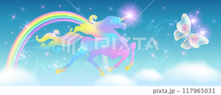 Unicorn with luxurious winding mane and flying fairytale butterfly against the background of the fantasy universe with sparkling stars, clouds and rainbow. Unicorn with luxurious winding mane and flying fairytale butterfly against the background of the fantasy universe with sparkling stars, clouds and rainbow. 117965031