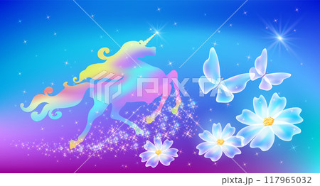 Unicorn with luxurious winding mane, butterflies and transparent flowers against the background of the fantasy universe with sparkling stars Unicorn with luxurious winding mane, butterflies and transparent flowers against the background of the fantasy universe with sparkling stars 117965032