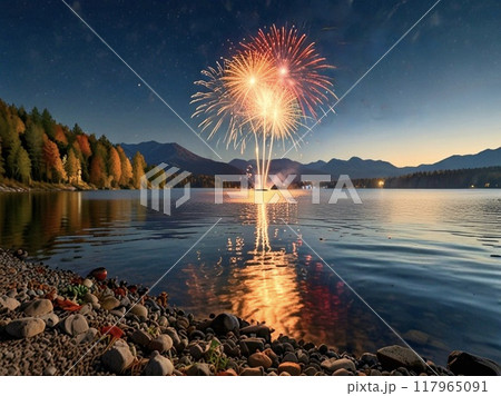 秋の湖に上がる花火 秋の湖に上がる花火 117965091