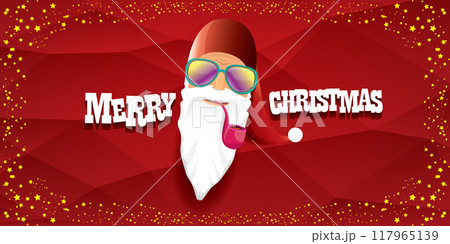 vector bad rock n roll dj santa claus with smoking pipe, beard and greeting calligraphic text on red horizontal banner background with stars. Red Christmas party hipster horizontal poster background 117965139