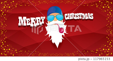 vector bad rock n roll dj santa claus with smoking pipe, beard and greeting calligraphic text on red horizontal banner background with stars. Red Christmas party hipster horizontal poster background vector bad rock n roll dj santa claus with smoking pipe, beard and greeting calligraphic text on red horizontal banner background with stars. Red Christmas party hipster horizontal poster background 117965153