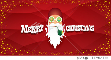 vector bad rock n roll dj santa claus with smoking pipe, beard and greeting calligraphic text on red horizontal banner background with stars. Red Christmas party hipster horizontal poster background 117965156
