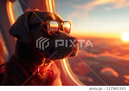 Dog wiyh sunglasses on an airplane near the window with a beautiful sunrise sky landscape. Travel and vacation concept. Generative AI 117965163