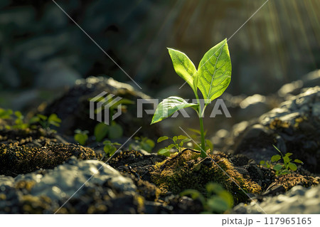 Young plant sprout with green leaf growing at sunlight in wet land. Small tree beginning close up. Ecology and earth day concept. Generative AI 117965165
