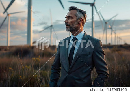 Renewable energy business director, ceo, with wind turbines in background with sunset sky. Sustainable innovation concept. Generative AI 117965166