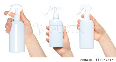Set of Hands which holding the White Water Spray, isolated on transparent background, template for 117965247