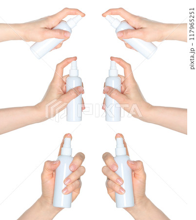 Set of Hands which holding the White Cosmetic Spray, isolated on transparent background, template 117965251