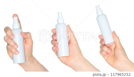 Set of Hands which holding the White Cosmetic Spray, isolated on transparent background, template 117965252