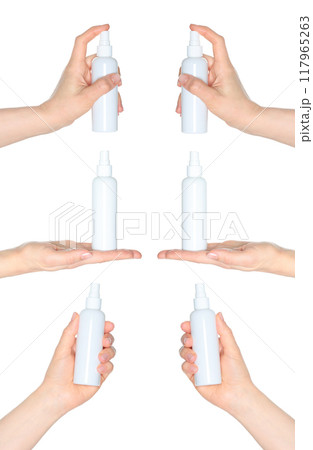Set of Hands which holding the White Cosmetic Spray, isolated on transparent background, template 117965263