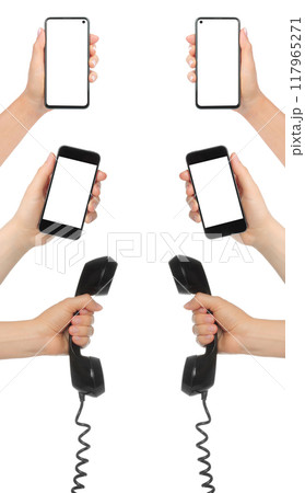 Set of Hands with Phones of Different Eras from retro to modern phones, isolated on transparent Set of Hands with Phones of Different Eras from retro to modern phones, isolated on transparent 117965271