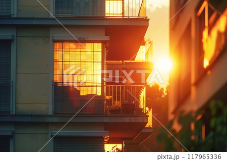 Dawn in the American residential area of the city. Sunrise at first sunlight in the morning. Cinematics urban view Dawn in the American residential area of the city. Sunrise at first sunlight in the morning. Cinematics urban view 117965336