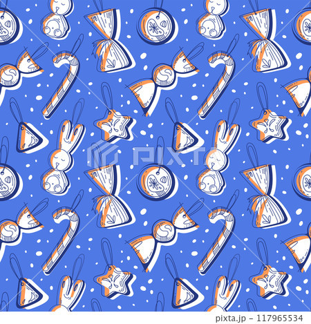 Seamless christmas pattern with sweets on blue background. 117965534