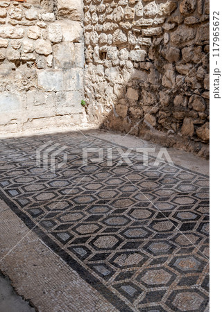 Ancient Roman mosaics at the Historical Complex of the Palace of Diocletian, UNESCO world heritage site in Split, Croatia 117965672