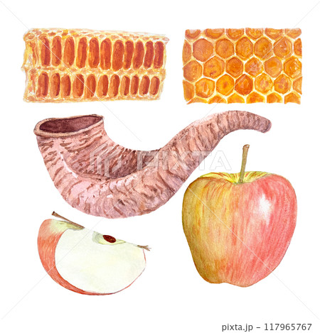 Shofar, apple, honeycomb hand painted realistic watercolor set isolated on white. High quality design elements for Rosh Hashanah, Yom Kippur cards, posters, decor, prints. Jewish tradition clip art Shofar, apple, honeycomb hand painted realistic watercolor set isolated on white. High quality design elements for Rosh Hashanah, Yom Kippur cards, posters, decor, prints. Jewish tradition clip art 117965767