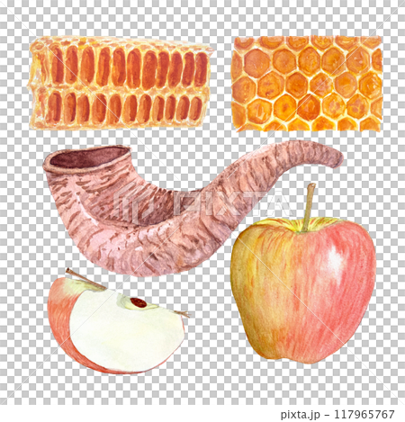 Shofar, apple, honeycomb hand painted realistic watercolor set isolated on white. High quality design elements for Rosh Hashanah, Yom Kippur cards, posters, decor, prints. Jewish tradition clip art Shofar, apple, honeycomb hand painted realistic watercolor set isolated on white. High quality design elements for Rosh Hashanah, Yom Kippur cards, posters, decor, prints. Jewish tradition clip art 117965767