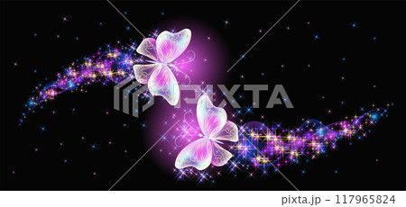 Flying delightful magical butterflies with sparkle and blazing trail in night sky. Love and romance concept. Flying delightful magical butterflies with sparkle and blazing trail in night sky. Love and romance concept. 117965824