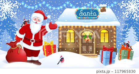 Christmas card with Santa Claus, gifts bag and boxes against  Santa's workshop and winter forest background. New Year design postcard. 117965830