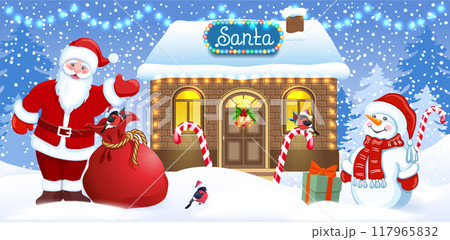 Christmas card with Snowman and Santa Claus with gifts bag and boxes against  Santa's workshop and winter forest background. 117965832