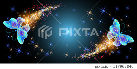 Flying delightful magical butterflies with sparkle and blazing trail in night sky. Love and romance concept. Flying delightful magical butterflies with sparkle and blazing trail in night sky. Love and romance concept. 117965846