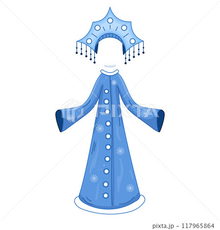 Headdress Snow Maiden and fur coat blue color. Carnival costume Isolated Vector illustration. Clothes of the granddaughter of Santa Claus. Headdress Snow Maiden and fur coat blue color. Carnival costume Isolated Vector illustration. Clothes of the granddaughter of Santa Claus. 117965864