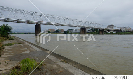 台風の後、増水している多摩川：京王相模原線の多摩川橋梁付近 117965930