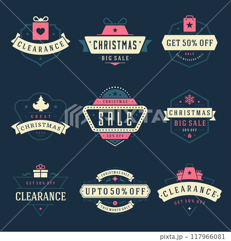 Christmas sale labels and badges with text typographic decoration design vector vintage style set 117966081