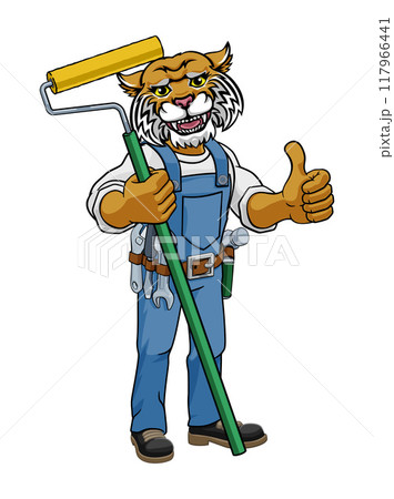 Wildcat Painter Decorator Paint Roller Mascot Man 117966441