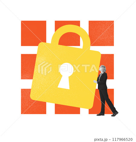 Poster. Contemporary art collage. Woman stands near large padlock represents encryption as crucial barrier protecting information. 117966520