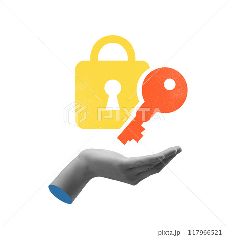 Poster. Contemporary art collage. Hand with key next to padlock symbolizes granting or acquiring secure system access. Poster. Contemporary art collage. Hand with key next to padlock symbolizes granting or acquiring secure system access. 117966521