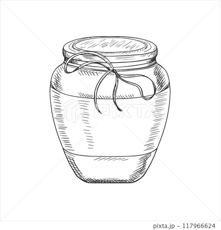Vector illustration with transparent glass jar sauces, spices, preservation. Kitchen utensils, tools, dishes. Retro old cutlery. Hand drawn illustration in line art in black ink, isolated background Vector illustration with transparent glass jar sauces, spices, preservation. Kitchen utensils, tools, dishes. Retro old cutlery. Hand drawn illustration in line art in black ink, isolated background 117966624
