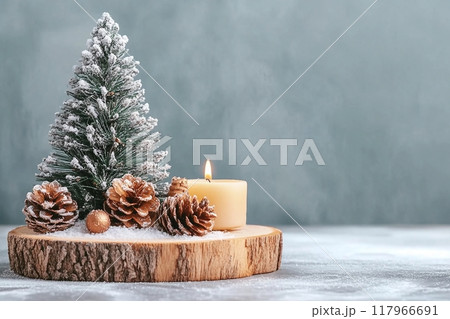 Christmas tree miniature, candle and pine cone on wooden board, mini tabletop decor. Christmas web banner, copy space Christmas tree miniature, candle and pine cone on wooden board, mini tabletop decor. Christmas web banner, copy space 117966691