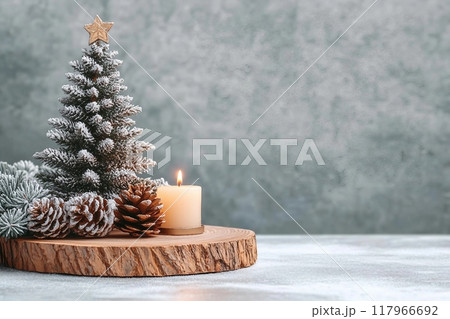 Christmas tree miniature, candle and pine cone on wooden board, mini tabletop decor. Christmas web banner, copy space Christmas tree miniature, candle and pine cone on wooden board, mini tabletop decor. Christmas web banner, copy space 117966692