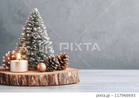 Christmas tree miniature, candle and pine cone on wooden board, mini tabletop decor. Christmas web banner, copy space Christmas tree miniature, candle and pine cone on wooden board, mini tabletop decor. Christmas web banner, copy space 117966693