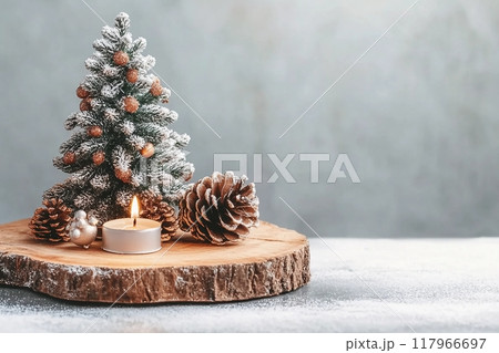 Christmas tree miniature, candle and pine cone on wooden board, mini tabletop decor. Christmas web banner, copy space Christmas tree miniature, candle and pine cone on wooden board, mini tabletop decor. Christmas web banner, copy space 117966697