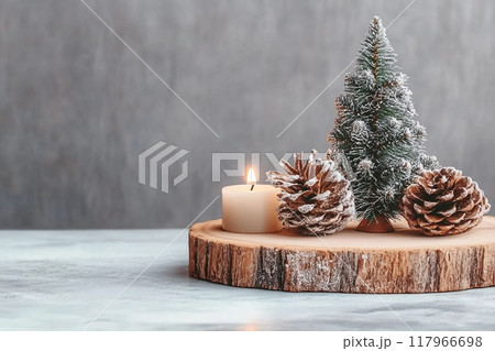 Christmas tree miniature, candle and pine cone on wooden board, mini tabletop decor. Christmas web banner, copy space 117966698