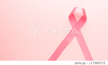 Breast Cancer Awareness Month in October banner. Pink ribbon awareness symbol for supporting breast cancer patient on pink background with copy space. Women's health care and medical. 117966733