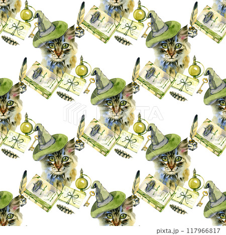 Halloween seamless pattern with magical items books, cats, wizard and witch hats seamless background 117966817