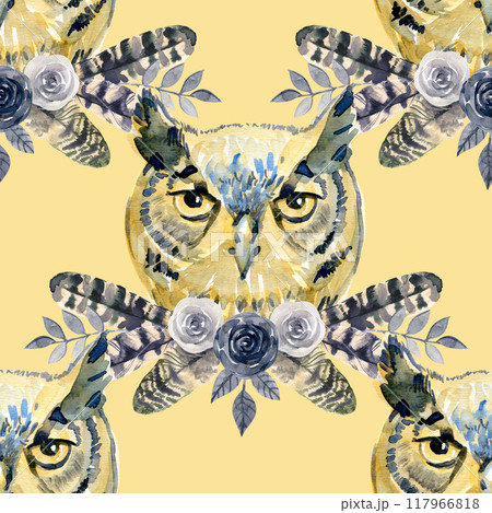 Owl bird seamless pattern. Watercolor painted illustration. Hand drawn different owls seamless pattern. Vintage style realistic illustration for print. Barn, pigmy, polar, snow owl endless background. 117966818