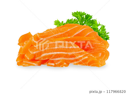 Sliced salmon isolated on white background. 117966820