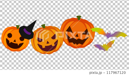 ハロウィンの、かぼちゃとコウモリのイラスト【横並び】 ハロウィンの、かぼちゃとコウモリのイラスト【横並び】 117967120