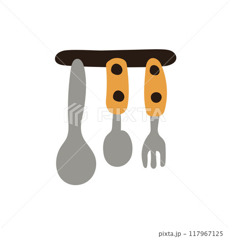 Kitchen utensils hanging on a rack, including a spoon, fork with yellow handles in flat style. Ideal for kitchen design, culinary themes, and home decor. Vector illustration isolated on a white. 117967125