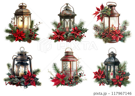 Six Christmas Lanterns Decorated with Poinsettias, Pine, and Holly 117967146
