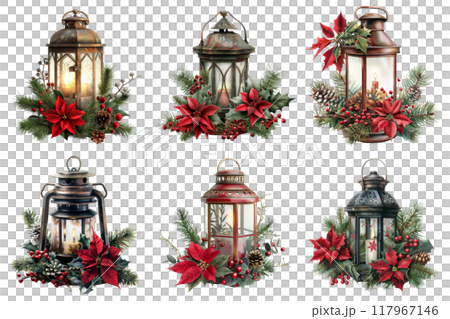 Six Christmas Lanterns Decorated with Poinsettias, Pine, and Holly 117967146