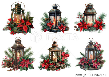 Six Christmas Lanterns with Poinsettias, Pine, and Berries Six Christmas Lanterns with Poinsettias, Pine, and Berries 117967147
