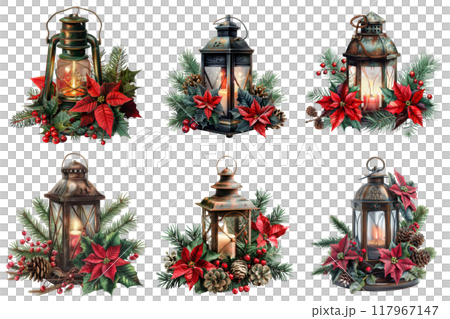 Six Christmas Lanterns with Poinsettias, Pine, and Berries Six Christmas Lanterns with Poinsettias, Pine, and Berries 117967147