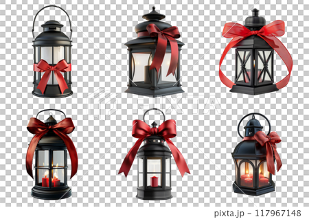 Black Lanterns with Red Ribbons and Candles 117967148