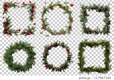 Six Christmas Wreaths with Decorations and Pine Cones Six Christmas Wreaths with Decorations and Pine Cones 117967164