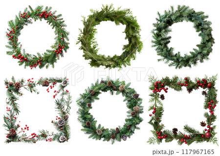 Collection of Christmas Wreaths and Garlands with Pine Cones and Red Berries 117967165