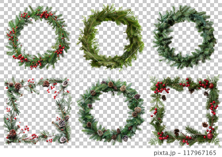 Collection of Christmas Wreaths and Garlands with Pine Cones and Red Berries 117967165